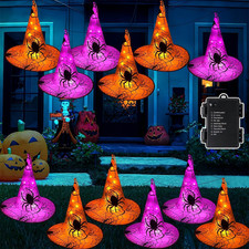 Halloween Decorations, 12Pcs Lighted Hanging Witch Hats 8 Modes  Battery Powere