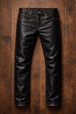 Men's Black Genuine Leather Pants Straight Leg Regular Motorcycle Biker Trousers