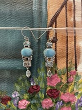 Beautiful Bezel Set Larimar And Blue Topaz Dangle Earrings Sterling Silver