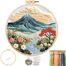 Embroidery Kit for Beginners, Flower Hill Nature Landscape Pre-Stamped Blue
