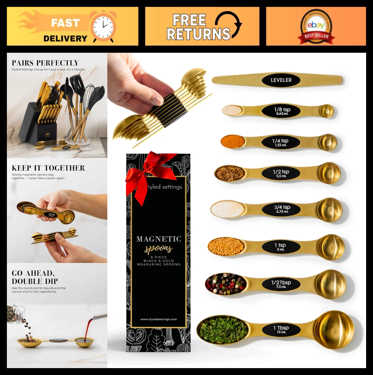 Magnetic Stainless Steel Measuring Spoons Set - Gold Kitchen Tools for Cooking &