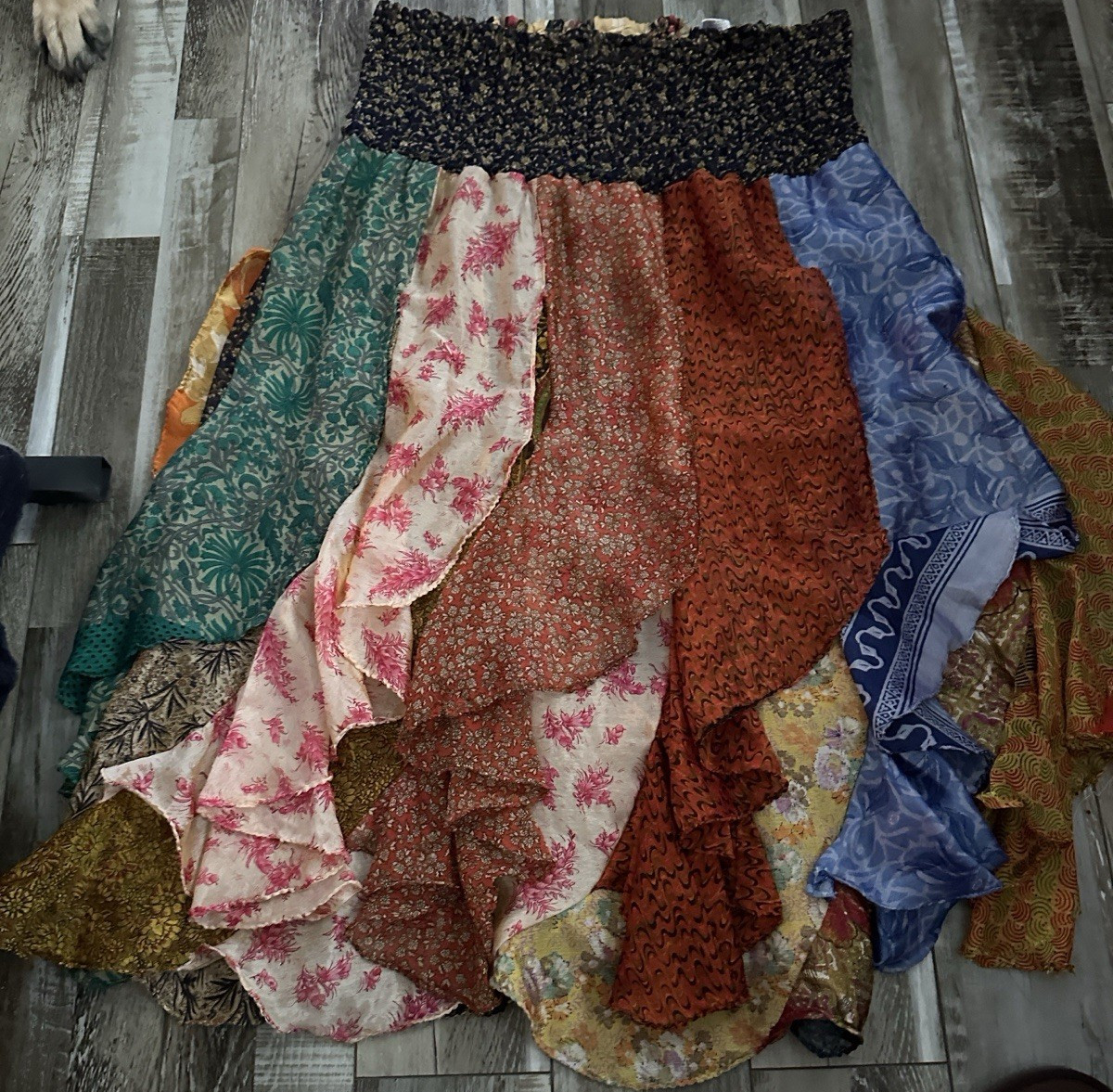 XL Multicolor Bohemian Floral Layered Ruffle Rayon Skirt Elastic Waist Women