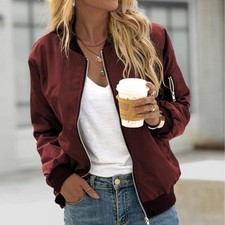 Womens Lightweight Flight Jackets Ladies Long Sleeve Zip Up Casual Coat w/Pocket