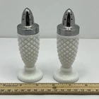 Vintage Hobnail Footed Milk Glass Salt & Pepper Shakers Set Metal Top