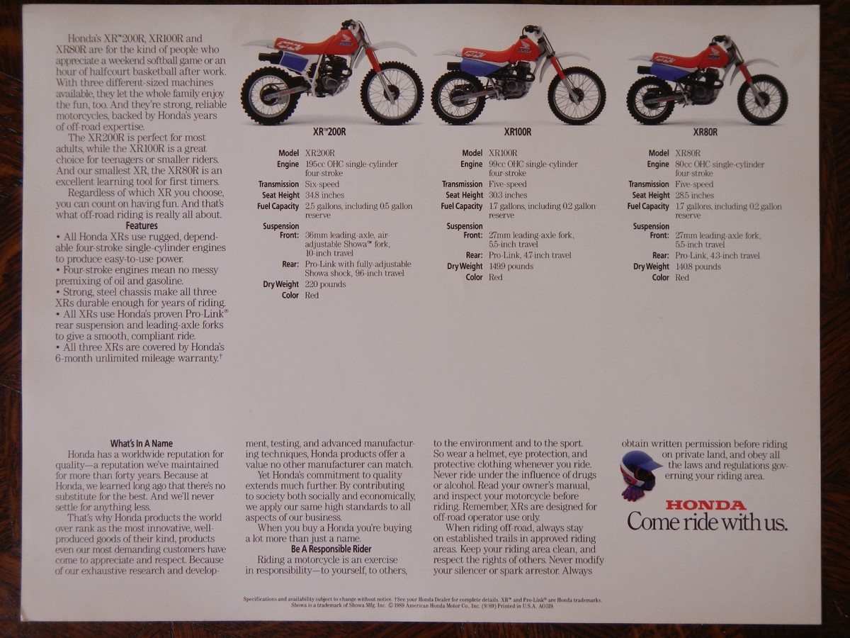 90 HONDA XR200R XR100R XR80R NOS OEM DEALER'S SALES LITERATURE