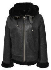 Womens Sheepskin Original B3 Jacket Detachable Hoodie Pilot Aviator Naomi Black