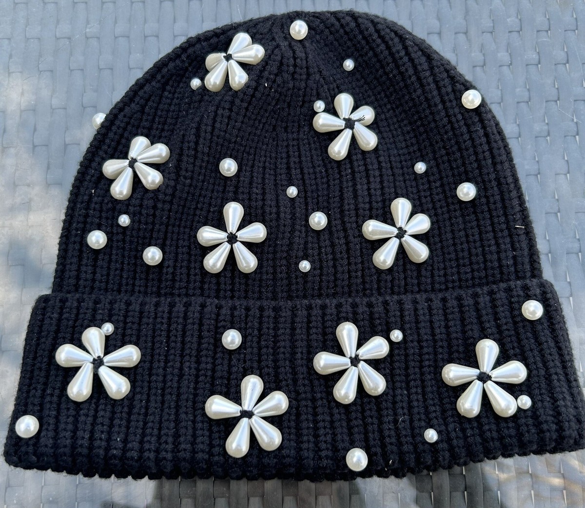 NWT Lele Sadoughi Pearly Snowflake Rib Knit Beanie Lele Sadoughi Pearly Snowflake Rib Knit Beanie Hat Black O/S  main image 2