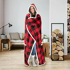 Hooded throw wearable blanket Buffalo Plaid Black and Red with pockets