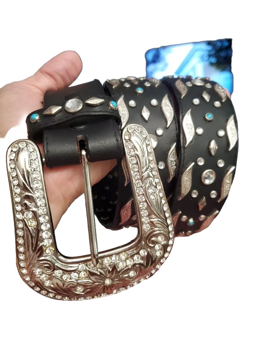 Unbranded Womens L Black Leather Turquoise Blue Chunks Rhinestone Tooled Belt Western Turquoise Rhinestone Studded Faux Crocodile Print  main image 4