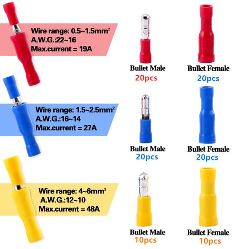 100Pcs Electric Female & Male Crimp Connector Bullet Terminal Insulated 22-10AWG - Picture 6 of 8