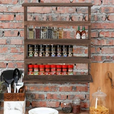 Rustic Torched Wood Wall Hanging Spice Rack 4 Tier Seasoning Jar Shelves Pantry
