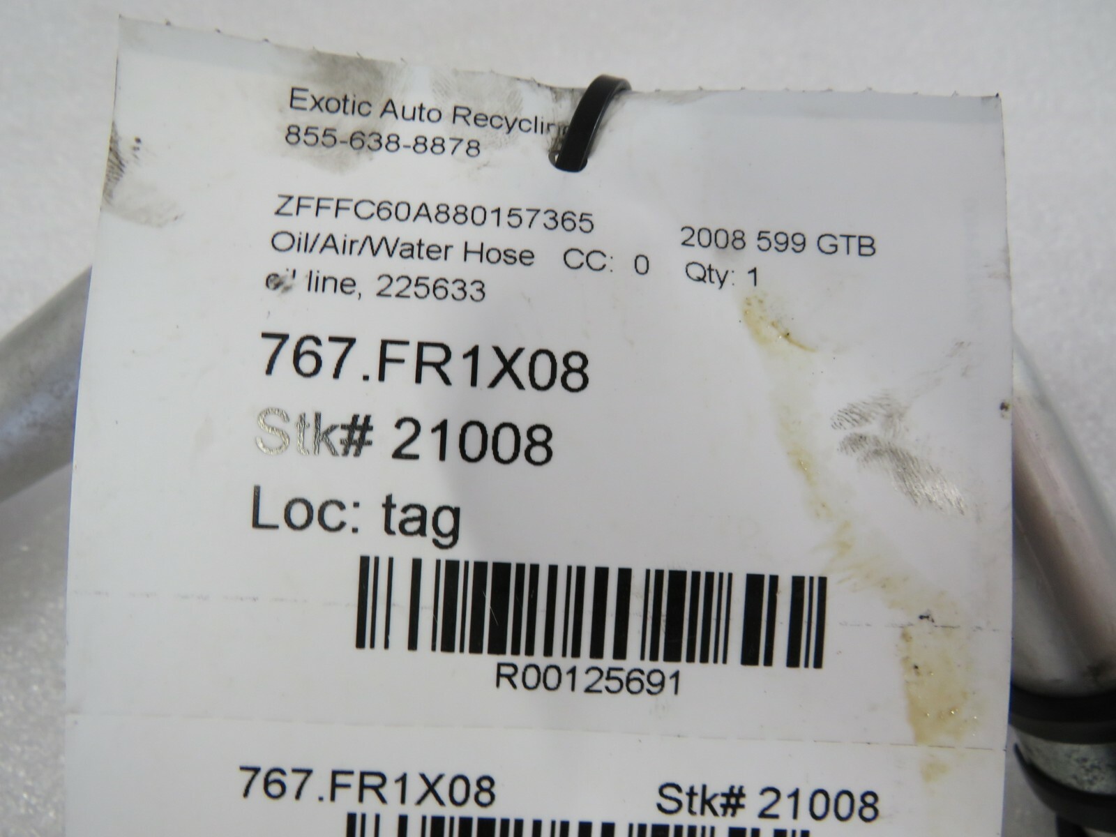 Ferrari 599 GTB, Oil Hose, Tank to Radiator, Used, P/N 225633