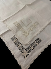 Vtg Linen Handkerchief Napkin Handmade Crochet Lace Trim Inset Mid 20th c. EUC