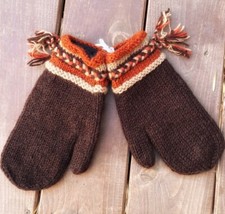 Handmade Knit Wool Warm Braid Tassel Colourful Mittens Gloves Brown