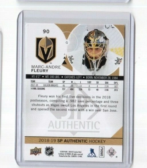 2018-19 SP Authentic Base Card # 90 Marc-Andre Fleury Vegas Golden Knights - Image 2 of 2