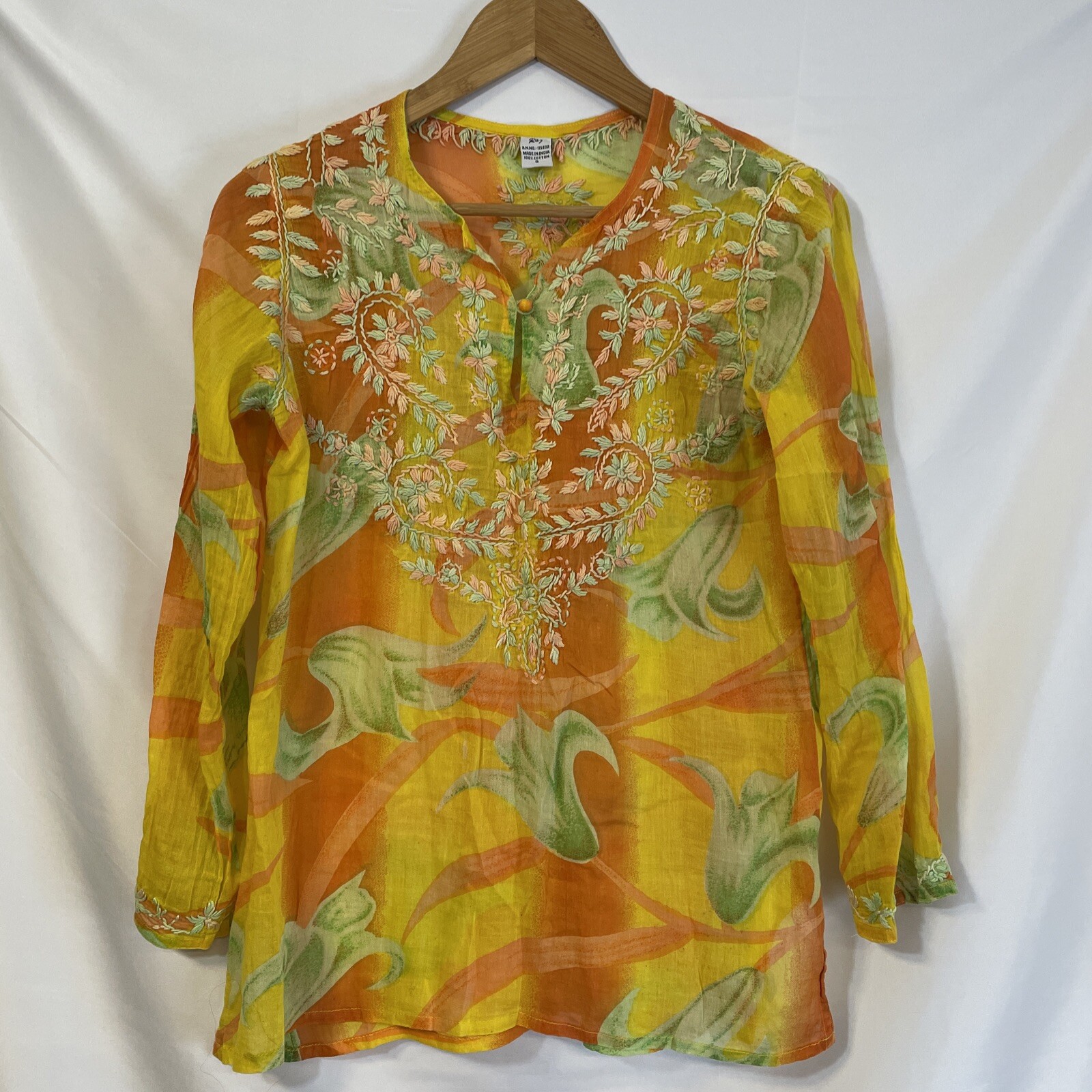 Raj Women's Tunic Floral Top Sz S Boho Lightweight Cotton Embroidered V