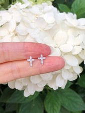 925 Sterling Silver Cz Cross Stud Earrings Tiny Pave Studs Mens Womens 8.5mm