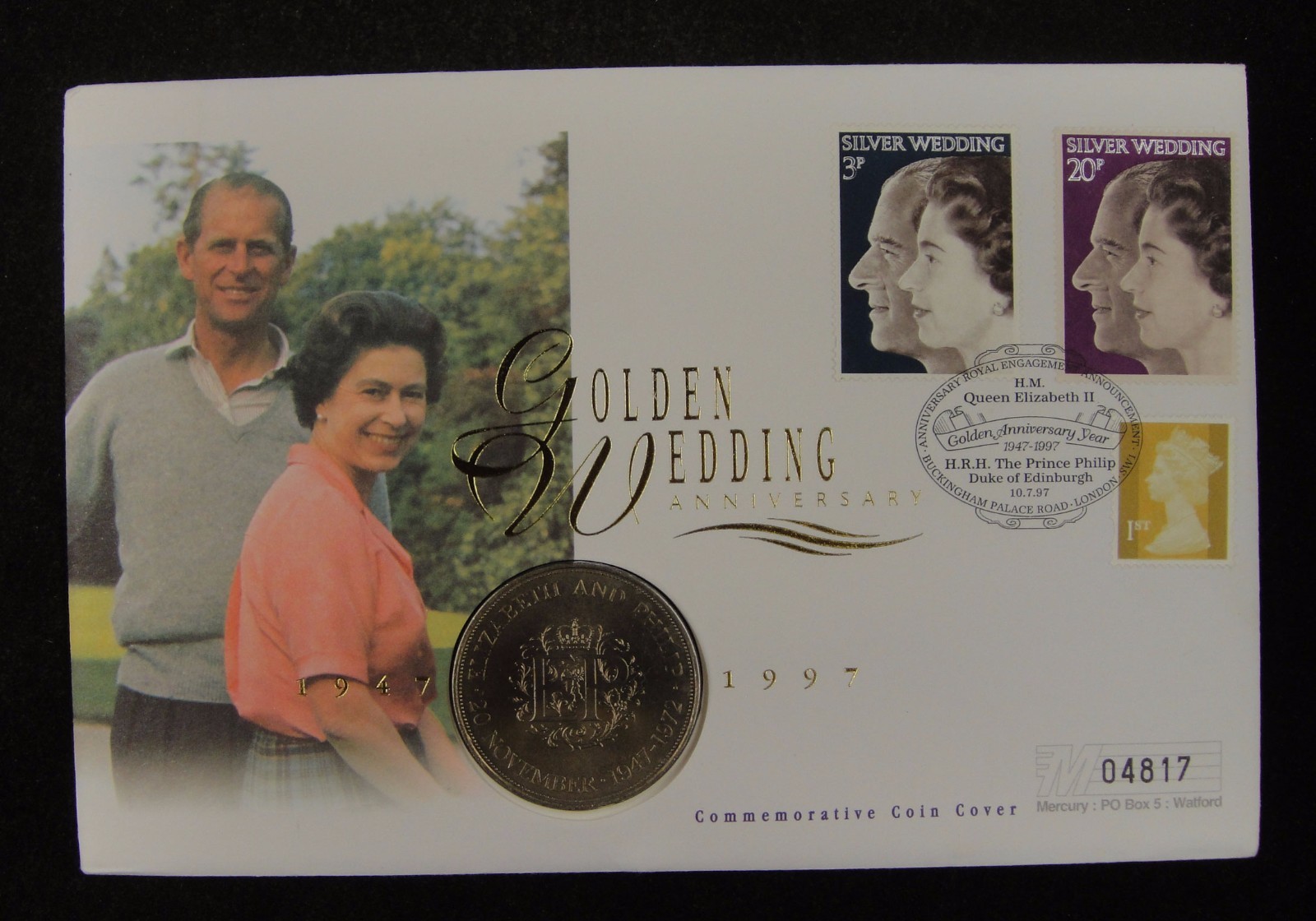 UK Coin & Stamp First Day Cover 1997,50th Wedding Anniversary of Queen
