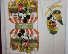Vintage Mickey Mouse kitchen towel, oven mitt, apron Fruit Stand,yellow trim New