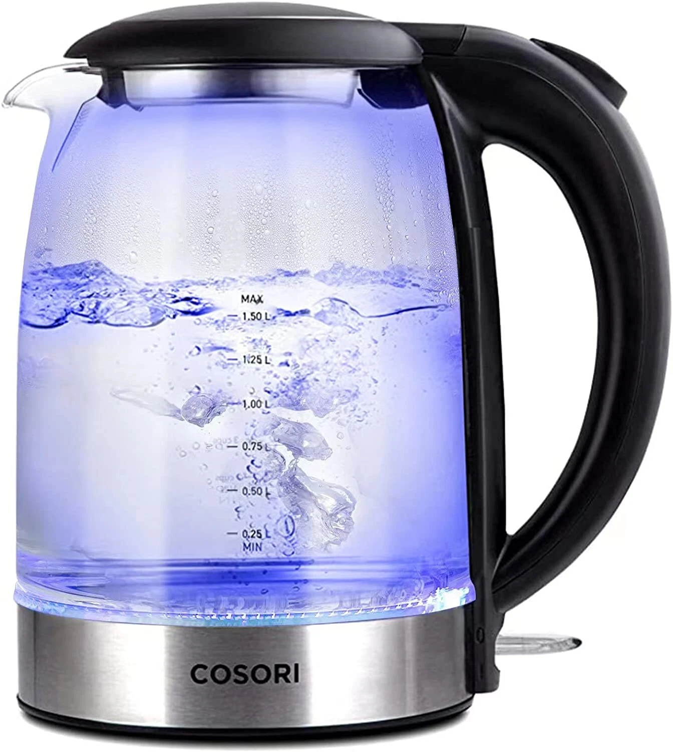 COSORI Electric Glass Kettle, 3000W 1.5L with Blue LED, Stainless Steel, Black