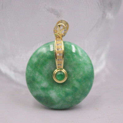 Gold Cover Alloy Handmade Green Jade Big Round Pendant  45*34MM