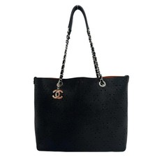 Chanel Punching Caviar Skin Leather Tote Bag Women Black One Size
