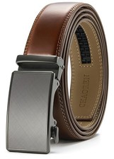 Mens Belt - Mens Ratchet Belt Leather 1 3/8" 32" to 38" Waist Adjustable Brown