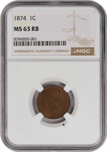 1874 Indian Cent MS63RB NGC
