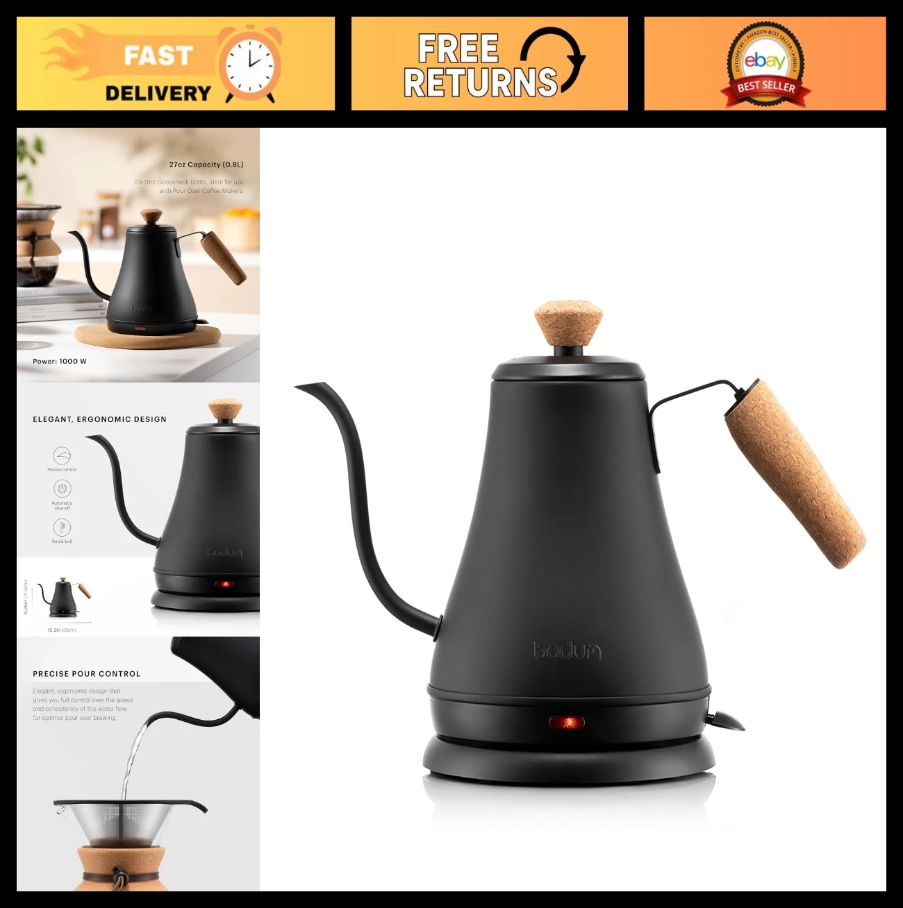 27oz Gooseneck Electric Kettle for Pour Over Coffee & Tea, Stainless Steel, Matt