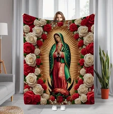 Soft Virgin Mary And Rose Print Flannel Blanket, Warm Throw Fleece Blanket