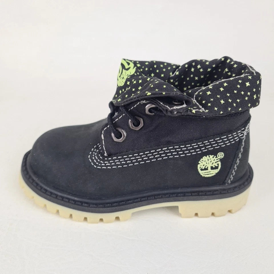 🚨 Timberland Roll Top NIÑO PEQUEÑO Botas Brillantes 2378 Impermeables Cuero Negro Talla 8 Foto 2 de 4