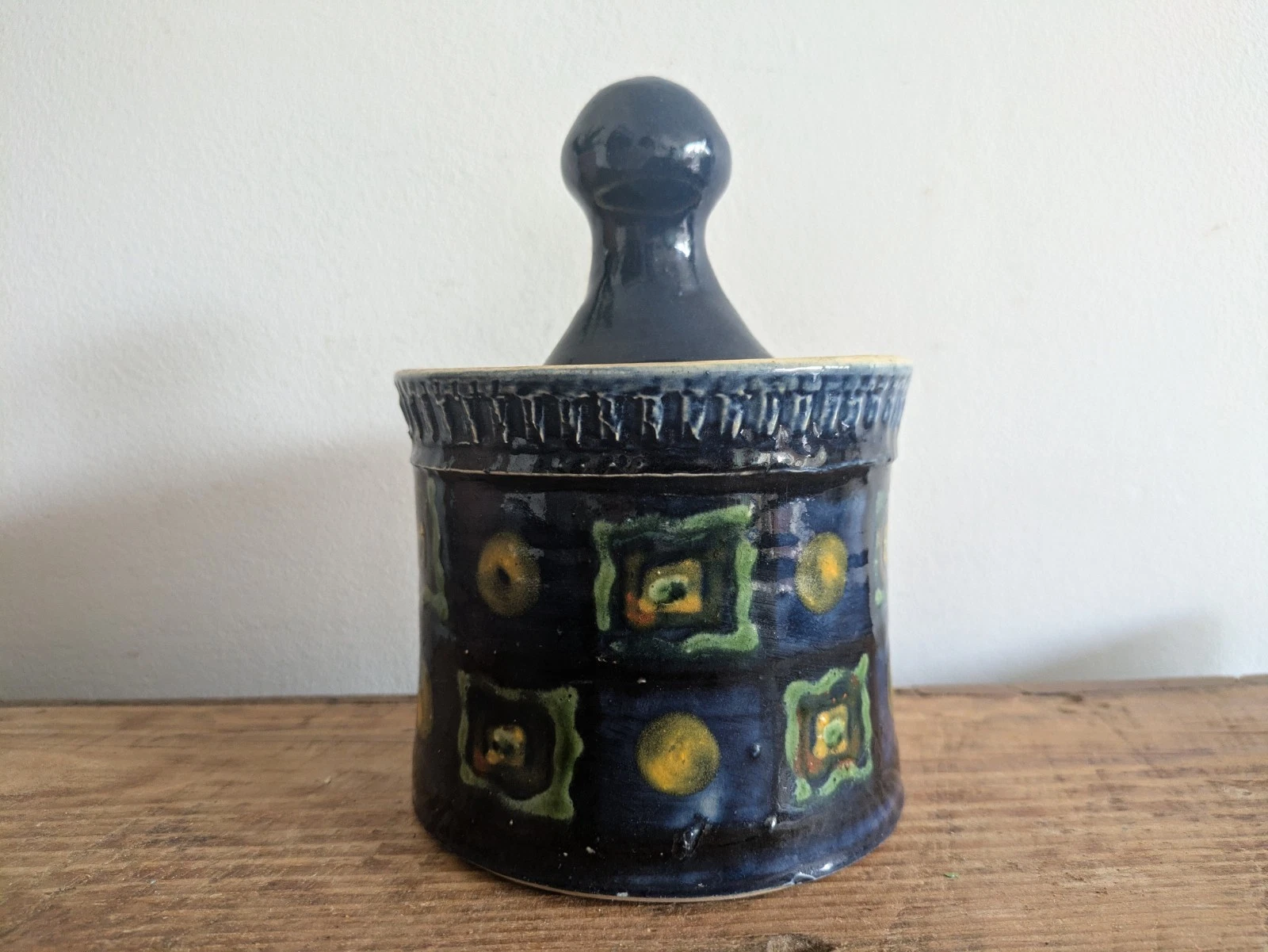 French Saint Jorioz La Poterie d'Annecy Hand Painted Butter Dish Pot Blue Lidded
