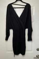 GUESS Women's Dress SIe: L — black long-sleeved ribbed knit wrap dress.