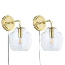 Set of 2 Satin Brass Plug In Wall Light Reading Bedside Lamp Cable Plug Included