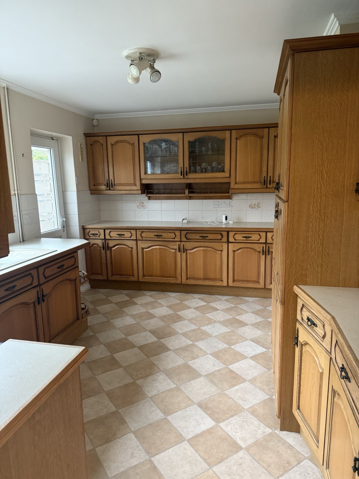 Medium Oak Kitchen - Units Cabinets Worktops & Small Fridge