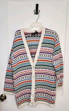 Vintage Womens Liz Sport Heavy Knit Striped V Neck Cardigan Chunky Sz Medium