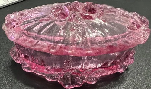 Fenton Pink Oval Lidded Trinket Box Dish with Roses