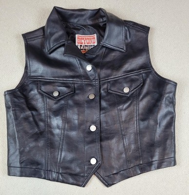 Beyond Leather Vest Large M/W Black Faux Leather Biker Moto Rock Western Lined