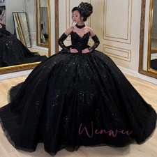 Shiny Black Quinceanera Dress off-shoulder Lace Glitter Decal Bow 16 Ball Gown