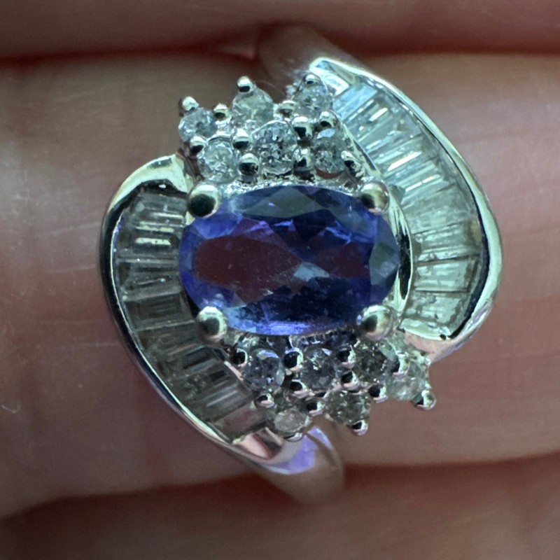14k White Gold Ring with Tanzanite and Diamonds (Round and Channel set)
