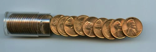 *1938-P 1/2 roll of Lincoln Cents, Choice Uncirculated Full Red in vintage tube*