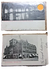 2 POSTCARDS GRAND SUN PARLOR 50X50 KNIGHT HOTEL ASHLAND WISCONSIN "where I work