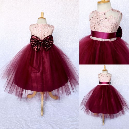 Blush Floral Embroidery Rose Gold Burgundy 2 Layer Tulle Dress Wedding 2 4 6 8 - Picture 1 of 17