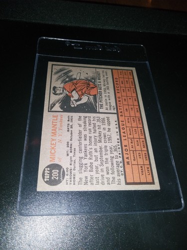 1962 Topps Mickey Mantle #200 HOF Originalš„ā¾NO Crease*recolored* BV$1500 - Picture 2 of 6