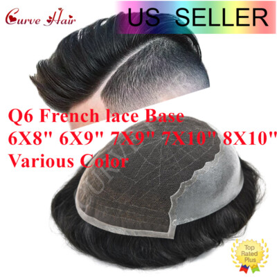 Men Lace Toupee Human Hair Replacement System French Lace Front Grey Hairpiece