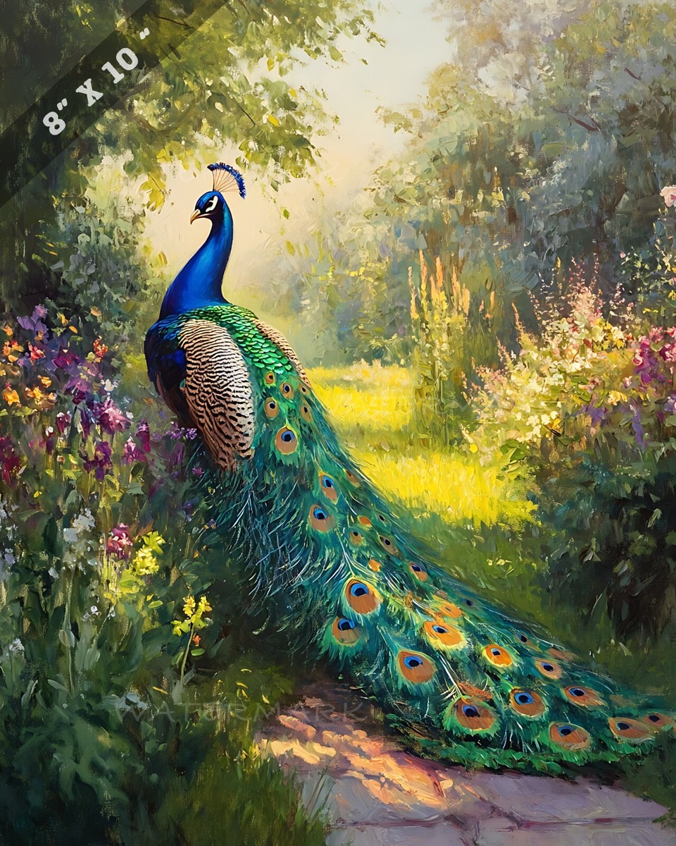 8x10 Matte Print Realistic Peacock Resting in Sunny Garden Oil Painting