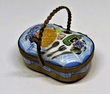 LIMOGES FRANCE BOX- WICKER PICNIC BASKET & SPOON - WINE & CHEESE & BREAD & FRUIT