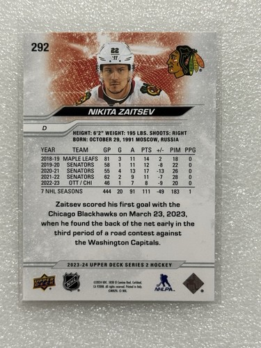 23-24 Upper Deck Nikita Zaitsev Silver Outburst Chicago Blackhawks 292 - Picture 2 of 2