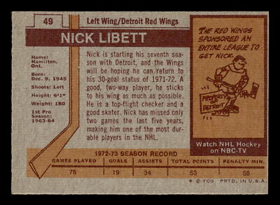 Nick Libett 1973-74 Topps #49 Detroit Red Wings Ex-Mt | eBay