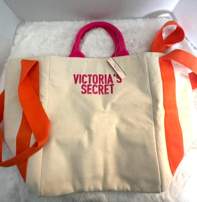 NEW Victoria's Secret Canvas Tote Bag Pink/Orange Large Shopper Summer Carryall